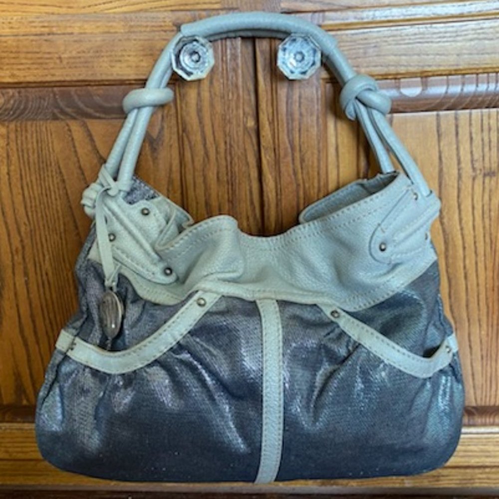 Vintage STUART WEITZMAN * Gray & SILVER Satchel PURSE + logo DUSTBAG * pockets
